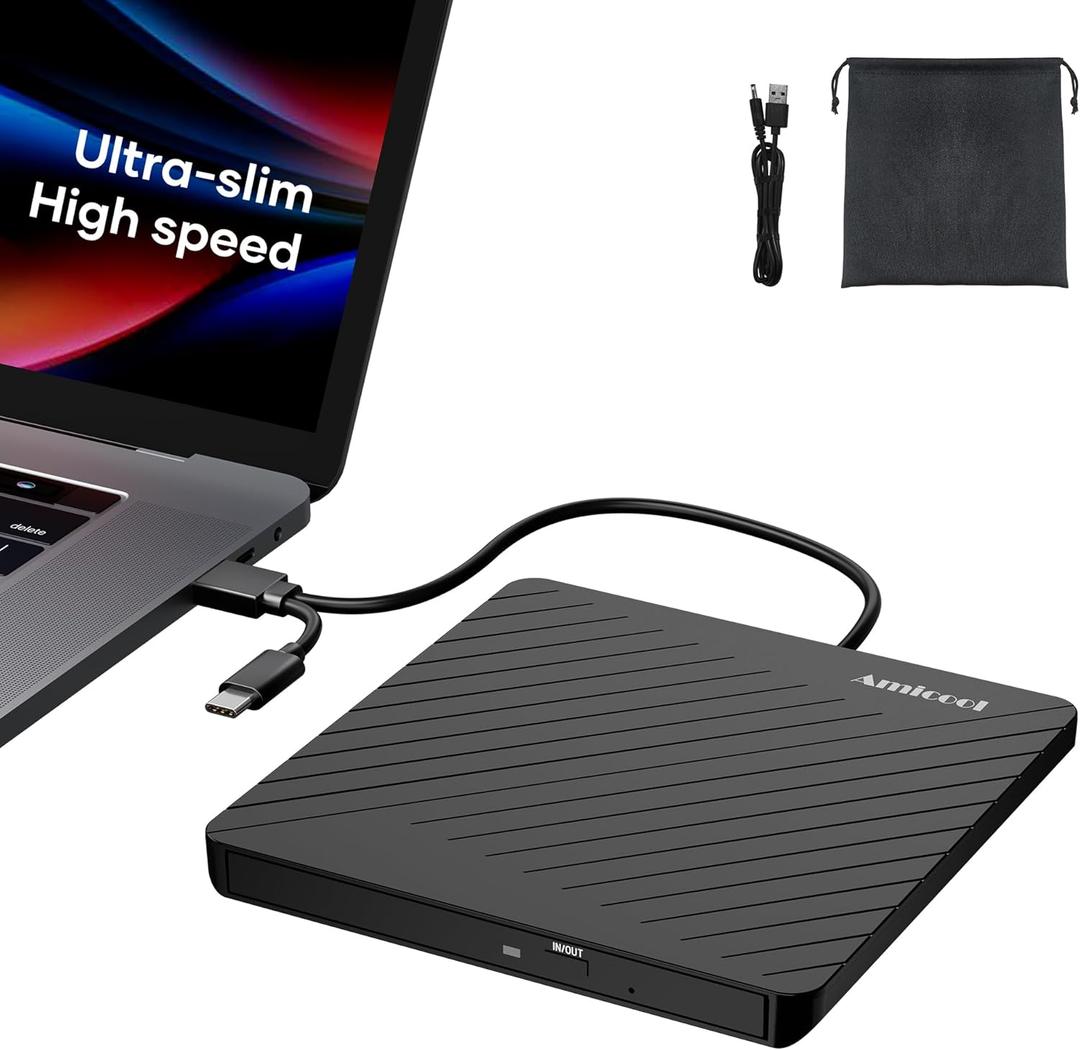 Amicool External USB-C USB 3.0 CD/DVD Drive Burner +/-RW, Ultra-Slim Portable DVD Player Writer Reader for Mac iMac MacBook, Windows 11/10/8 Linux, Laptop Desktop PC Computer Optical Drive