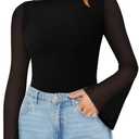 REORIA Women's Trendy Sexy Boat Neck Bell Sleeve Sheer Mesh Going Out Bodysuit Tops (Medium, Black)