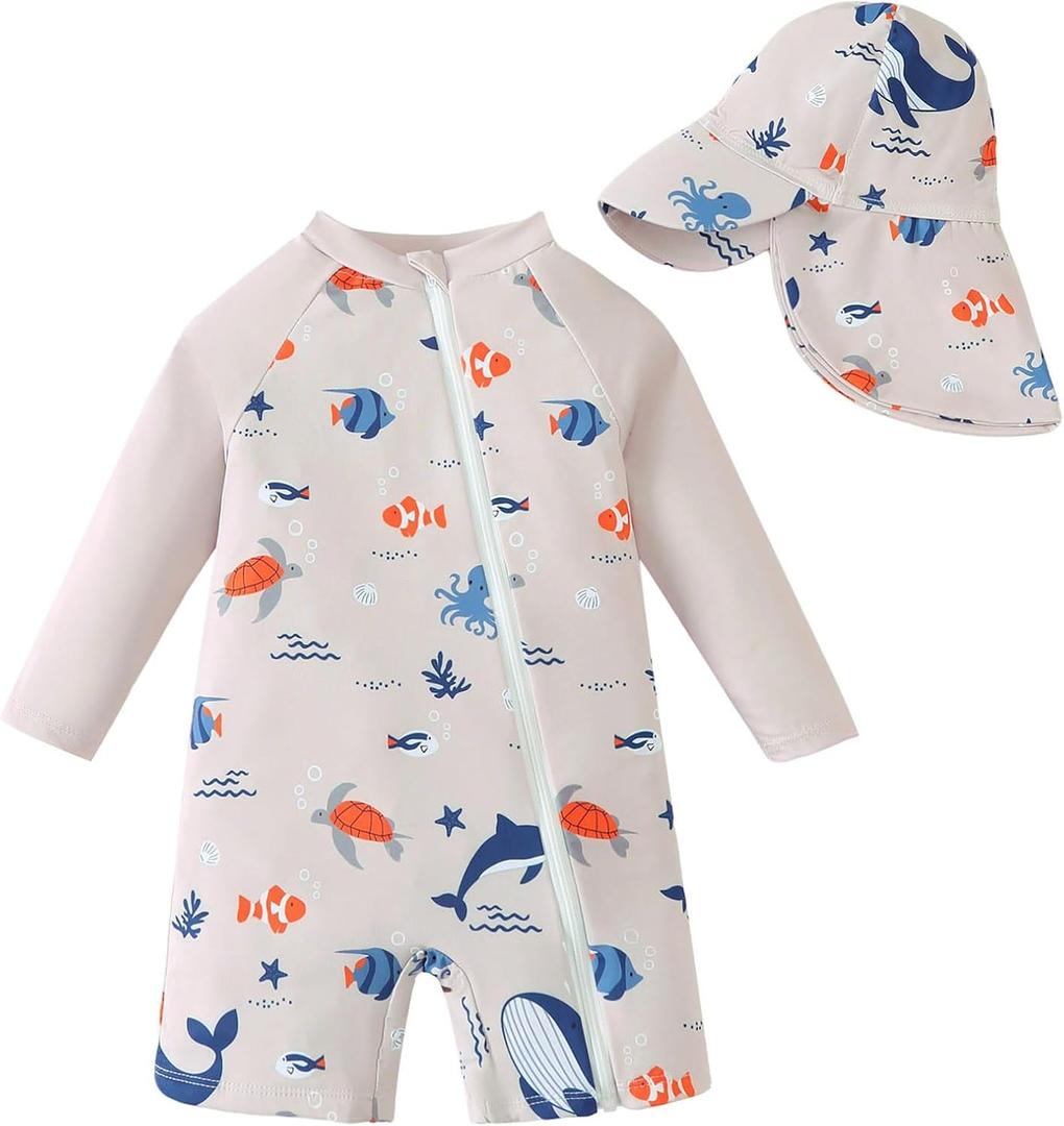 Baby Boy Swimsuit Rash Guard Swimwear Zipper Toddler Boy One Piece Bathing Suit With Hat Sun Protection Sunsuit (6-12 Months, Sea World)