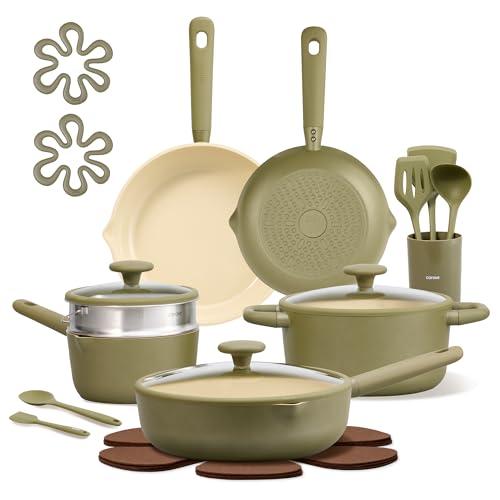 CAROTE 21pcs Cookware Set Nonstick Pots and Pans Set, Ceramic Cookware Set Induction Cookware, Non toxic Healthy Non Stick Kitchen Cooking Set, PFAS PTFE Free