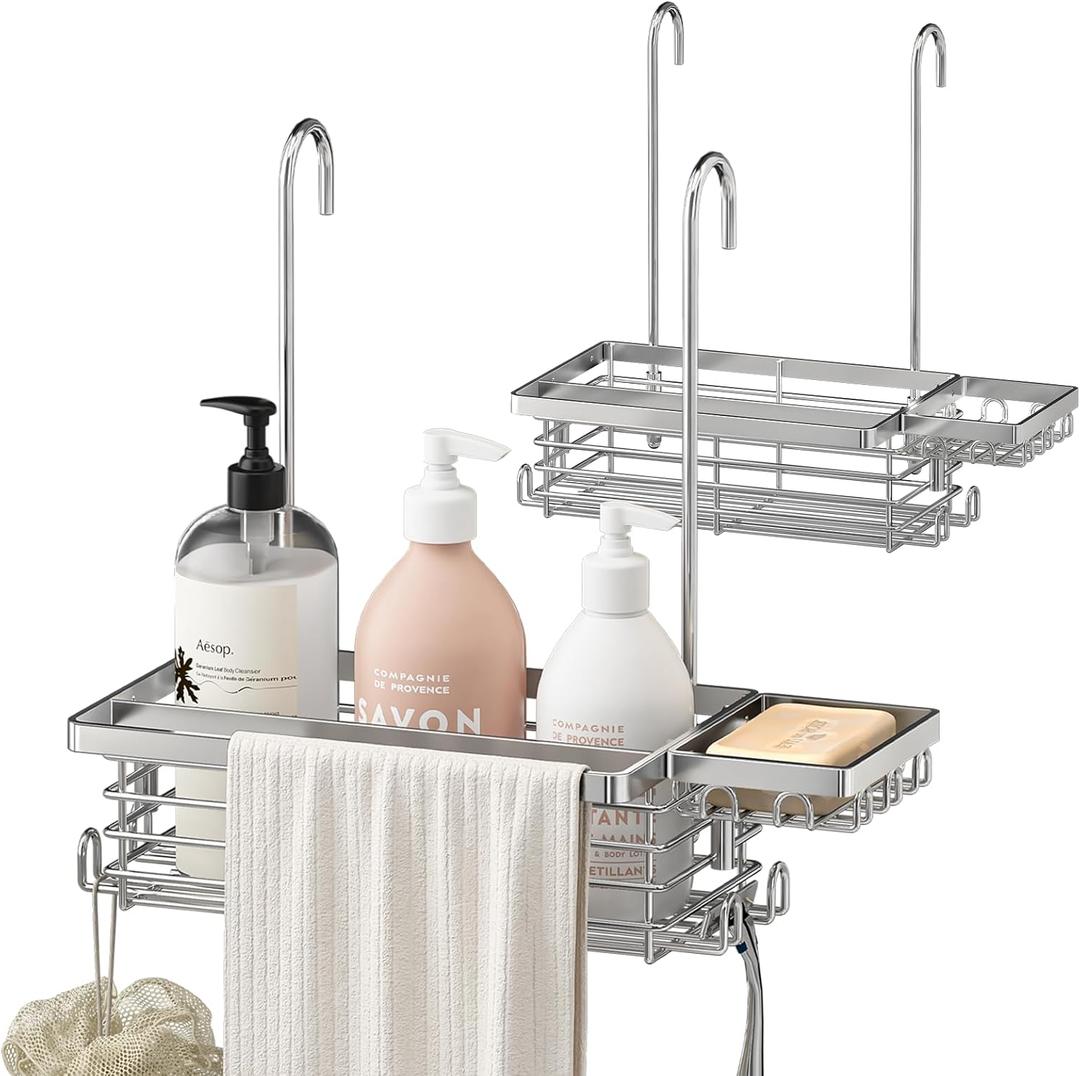 Hanging Shower Caddy, 304 Stainless Steel Shower Organizer with Towel Bar & Hooks, Over Shower Rod, Towel Bar or Glass Panel Storage Basket with Soap Holder, Rustproof Bathroom Caddy, 2 Pack
