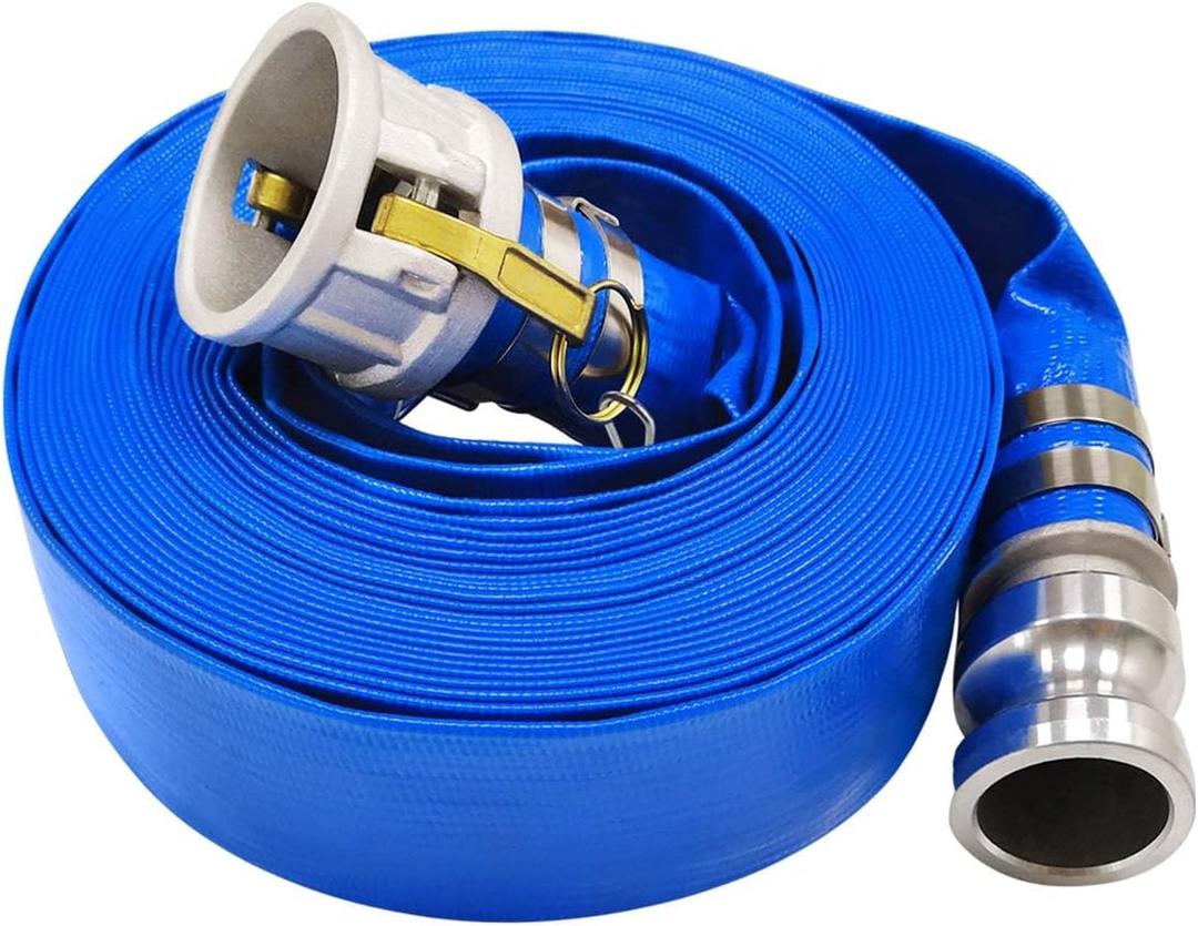 3" x 100' Blue PVC Backwash Hose for Swimming Pools, Heavy Duty Discharge Hose Reinforced Pool Drain Hose with Aluminum Camlock C and E Fittings (3 in x 100 ft)