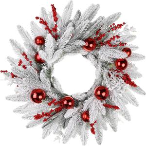 Winter Wreath, 24inch Wreaths, Artificial Wreaths for Front Door, White Faux Fir with Red Ornaments and Berries Wreaths in Autumn and Winter, Indoors,Outdoors, corridors, Offices. (White)