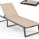 Aluminum Chaise Lounge Chair Outdoor, Foldable& No Assembly Patio Pool Lounge Chairs 5-Position Recliner for Outside, Fully Grounded Legs Sun Lounger for Poolside, Khaki
