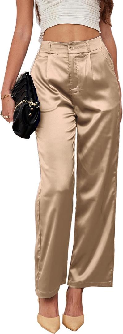 Heipeiwa Women's Wide Leg Wedding Party Satin Casual Dress Nightout Pants Long Trouser, Size Small (Gold)