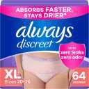 Always Discreet Adult Diapers for Women, Incontinence Underwear, Postpartum Essentials, Disposable Briefs, Max Absorbency, Bladder Leak Protection, Extra Large/XL, 64ct