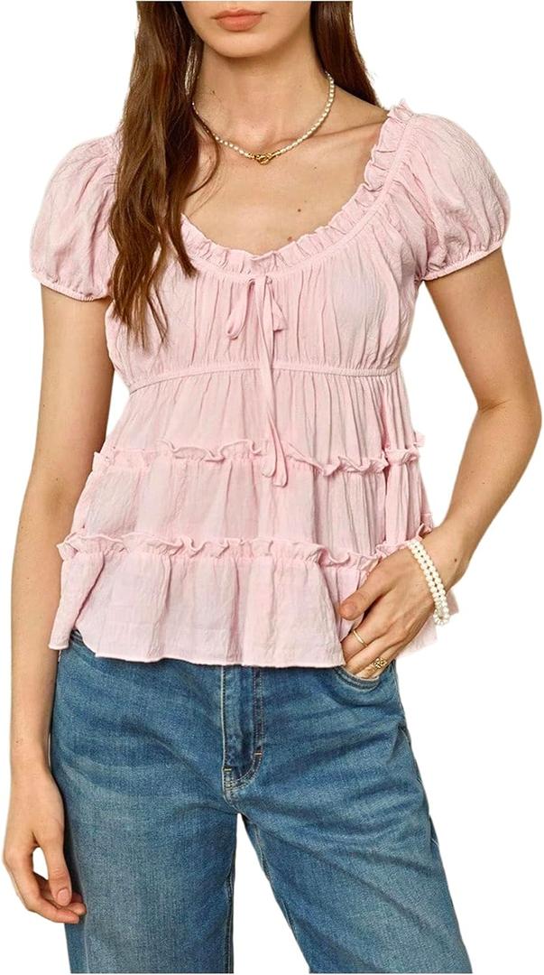 Women's Y2k Puff Sleeve Tiered Ruffle Tops Babydoll Tie Front V Neck Cute Blouses Going Out Outfits (Pink, S)