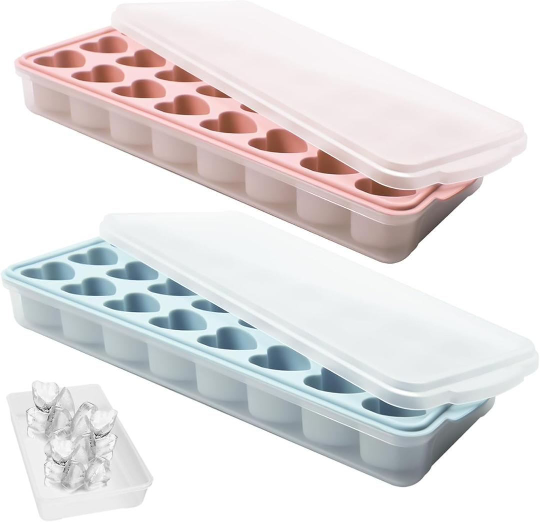 2 Pack Heart Shpaed Ice Cube Trays with Lids and Bins Ice Molds with Ice Storage Box, 48 Holes Silicone Heart Ice Cube Tray for Whiskey Cocktail Fun Shapes Cubes, with Lids & Bins