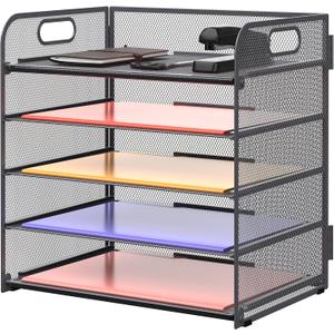 Supeasy 5 Trays Paper Organizer Letter Tray with Handle-Mesh Desk File Organizer, Grey Paper Sorter Desk Organizer for Office, Home or School (Softgray)