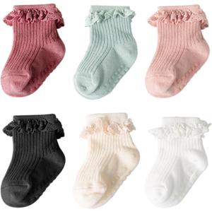 DRESHOW BQUBO Baby Girls Toddler Anti Slip Socks - Cute Frilly Ruffle Grip Ankle Socks for Infant Toddler,Size: 0-6 Months