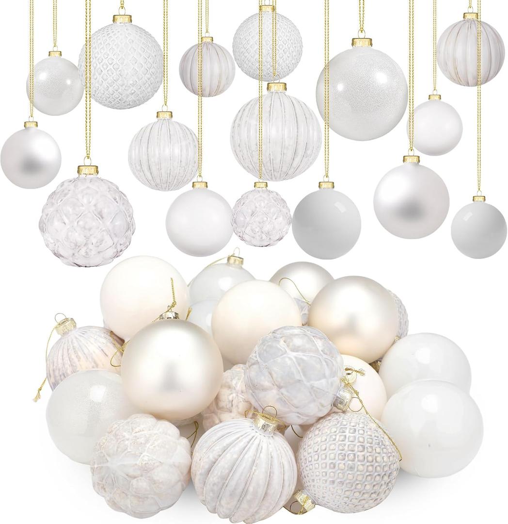 Liliful 24 Pcs White Glass Christmas Ball Ornaments Christmas Tree Decoration Hanging Balls Neutral Vintage Mercury Ornaments for Xmas Festival Home Wedding Holiday Farmhouse Party Decor, 3.15 Inch