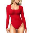 OQQ Women's Bodysuits Ruched Long Sleeve Square Neck Lounge Stretch Travel Bodysuits Red
, XL