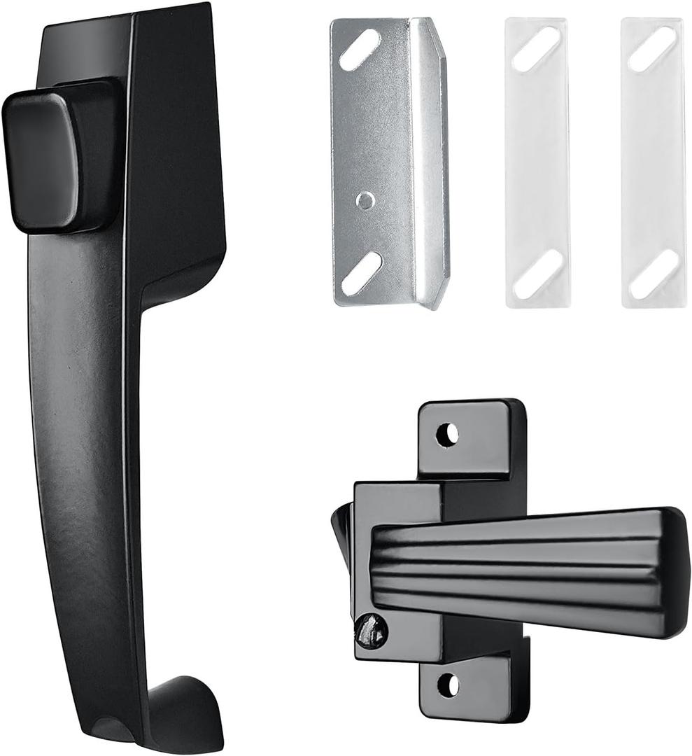 Screen and Storm Door Push Button Latch Handle Set with Night Lock | Metal Construction with Tie Down, Fits Mounting Holes with 1-3/4" Spacing, For Outswing Doors