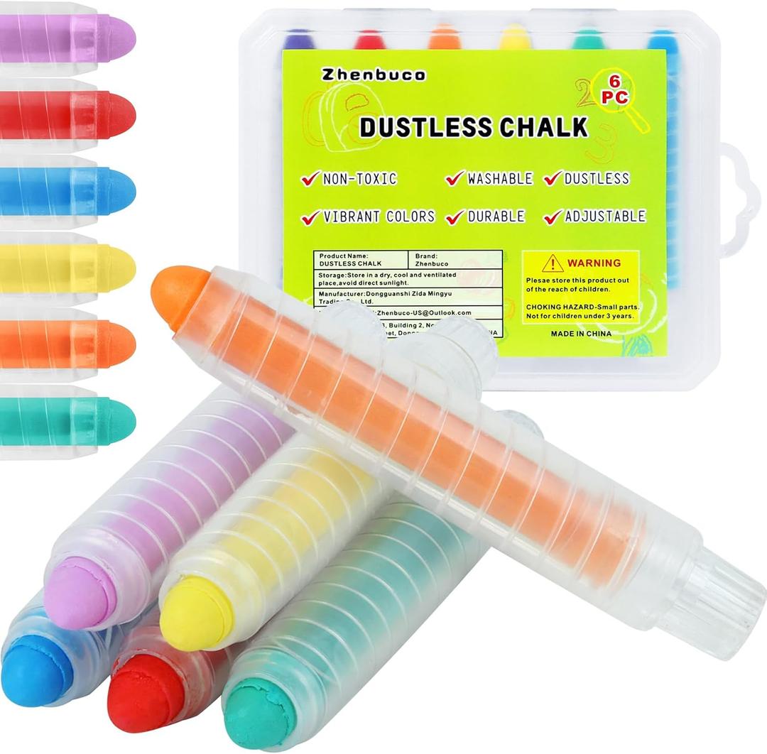 Dustless Chalk for Kids - 6 PCS Colored Dust-free Twistable Toddler Chalk with Plastic Holder, Non-toxic Washable Easter Sidewalk Chalk for Chalkboard Drawing & Writing - Gift Box Packed