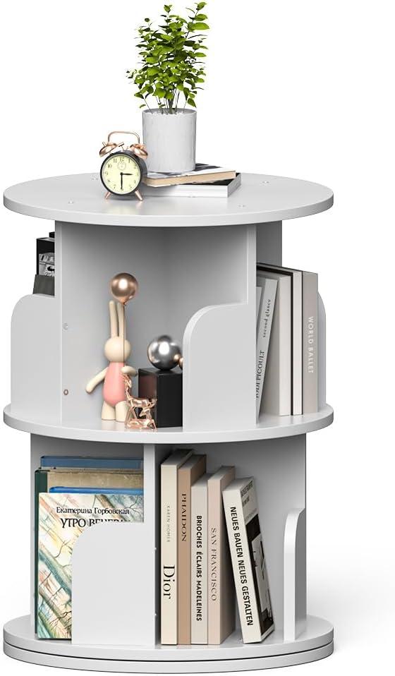 Nidouillet Rotating Bookshelf, Revolving Bookcase 360 Display Round Bookshelf, High-Density MDF Wood Narrow Swivel Corner Book Shelf Standing Bookcase for Adult Bedroom, Living Room (White, 2 Tier)