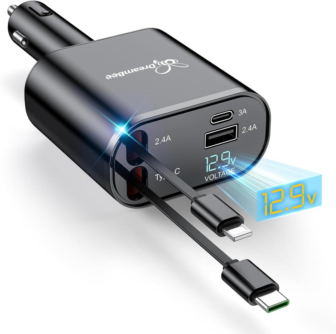 DreamBee Retractable Car Charger,66W 4 in 1 Super Fast Charge Car Phone Charger,Retractable Cables (31.5 inch) and 2 USB Ports Car Charger Adapter for iPhone 17/16/15/14/13/12 Pro Max XR,iPad,Samsung (TypeC+Lightning, Black)