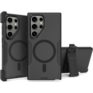 Designed for Samsung Galaxy S25 Ultra Case, Magnetic, Double Protection, Tough Durable, No Fading, No Yellowing,Non-Slip, Dustproof, Compatible with MagSafe, Detachable Back Clip, Black