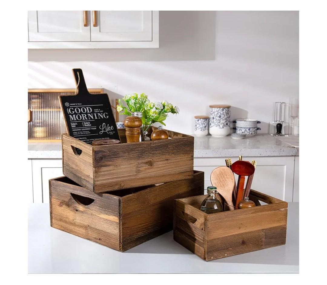 TIMRIS Set of 3 Rustic Distressed Wood Nesting Crates, Farmhouse Decorative Wooden Storage Boxes, Vintage Reclaimed Wood Baskets for Display (Natural)