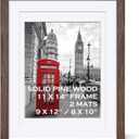 Rustic Solid Wood Distressed Brown Farmhouse Picture Frame - 11x14 with 2 Mats for Wall Mounting or Table Top (Dark Walnut Moulding)