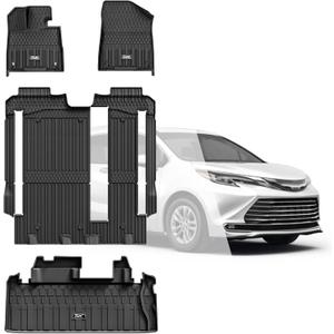 3W Floor Mats & Trunk Mat for Toyota Sienna 2021-2026 LE/XLE(Only for 8 Seat), TPE All Weather Custom Fit Floor Liner for Sienna 1st, 2nd and 3rd Row and Cargo Mat, Black