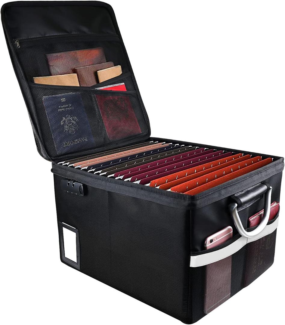 TOMKID Fireproof Document Box, Fireproof File Box with Lids, Important Document Organizer Box with Lock, Portable File Folder Organizer with Handle