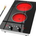 2 Burner Electric Cooktop 220-240V, 3000W Radiant Electric Stove Top with Built-in Design, 12 inch Knob Control Ceramic Cooktop with Safety Lock, 9 Level Power, Timer - Hard Wire