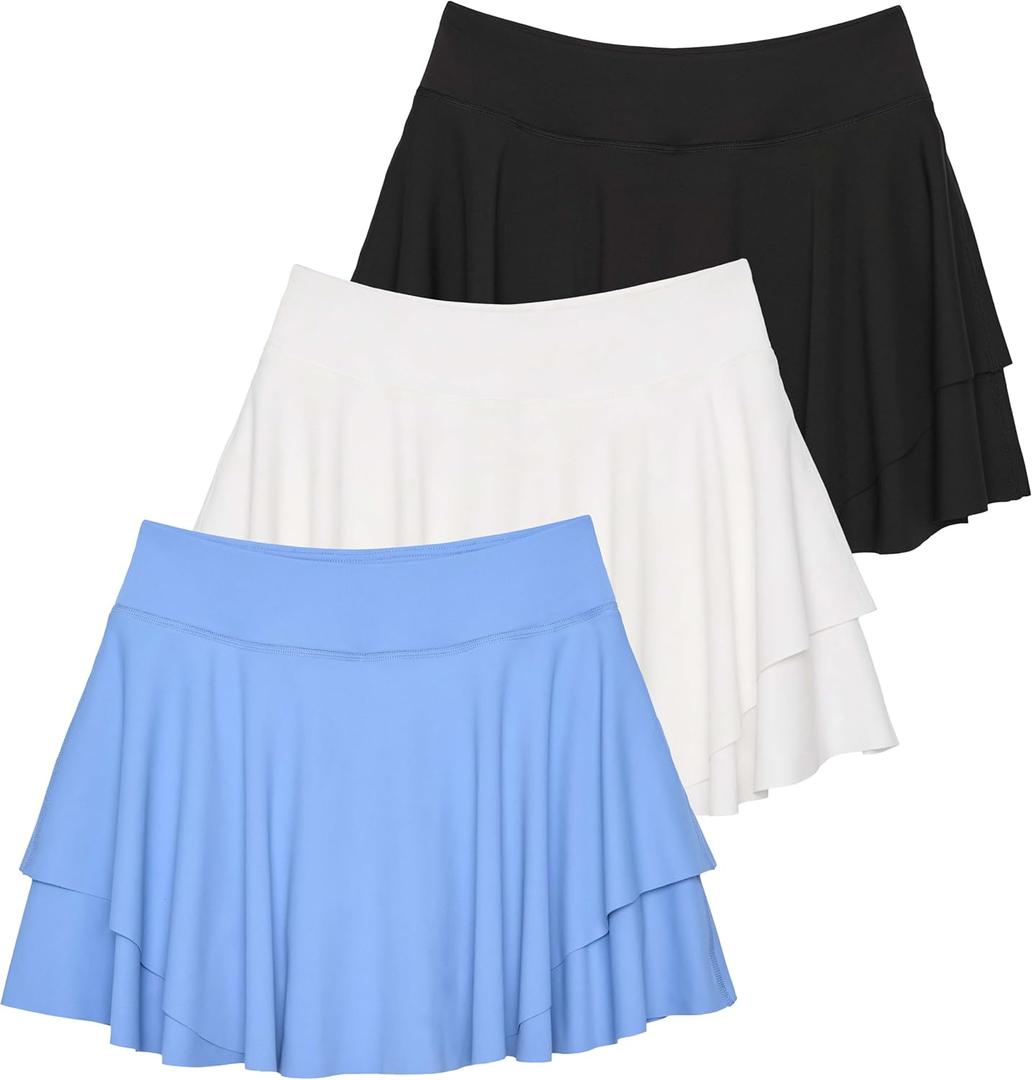 Real Essentials 3 Pack: Women's 14" Layered Ruffle Flowy Tennis Golf Skorts Pockets Pleated Mini Skirt Athletic Liner Shorts (Small, Set 5)