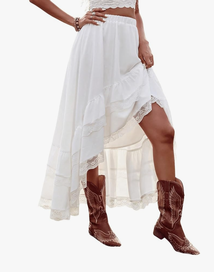SHENHE Women's Boho Maxi Skirt High Low Asymmetrical Lace Ruffle Hem Flowy Western Skirt, S