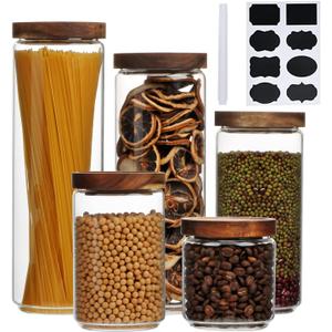 Glass Canisters With Wooden Lids Kitchen Jars for Storage,Tea,Sugar and Coffee Container Set,Set of 5 Canisters for Candy, Cookie, Rice and Spice Jars