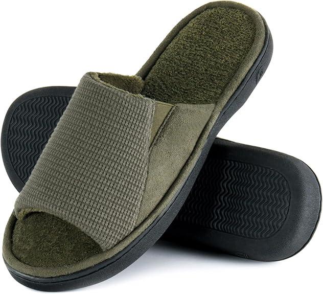 Honalika Cozy Men's Open Toe House Slippers Memory Foam,Comfy Slip On Indoor Slipper for Men Breathable, Non-Slip Soft Bedroom Home Grey 9-10