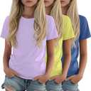 LessonZoo 3 Pack Girls Shirts Plain Short Sleeve Tops Teens Youth Summer Tshirts Crewneck Loose Fit Casual Basic Tees, Dark Blue, Cream Yellow, Light Purple,13-14 Years