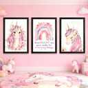 Cute Pink Unicorn Girl Quote Framed Wall Art Set of 3, Lovely Pastel Purple Rainbow Saying Sign for Baby Kid Toddlers, Cozy Watercolor Wooden Preschool Inspirational Flower Nursery Wall Decor Black