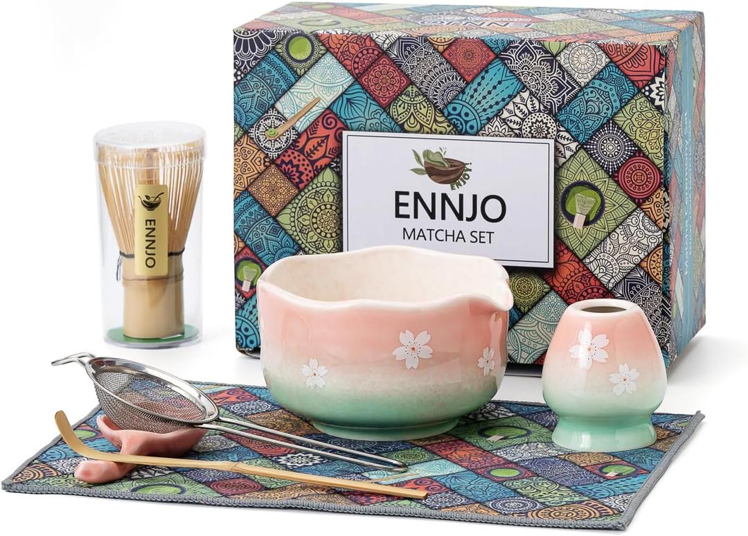 Cherry Blossom Matcha Whisk Set, 7 Pcs Matcha Kit with Ceramic Matcha Bowl with Spout, Bamboo Matcha Whisk And Scoop, Stainless Steel Sifter, Ceramic Holder, Rest And Tea Towel