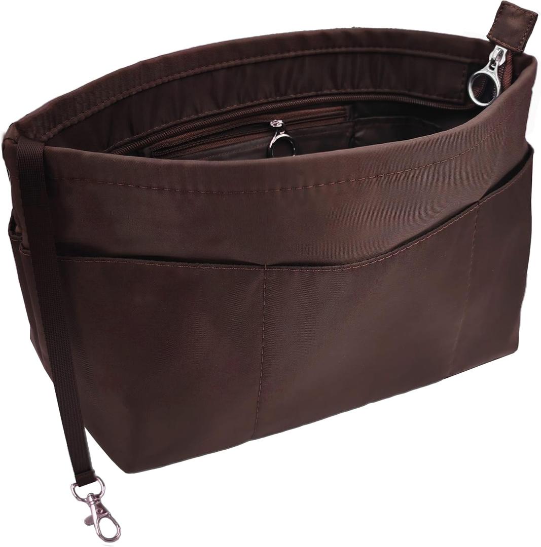 Time Wing Purse Organizer Insert Tote Handbag Organizer Divider Bag in Bag Shaper Liner Multi Pockets Compartments Zippers Key Chain Large Coffee