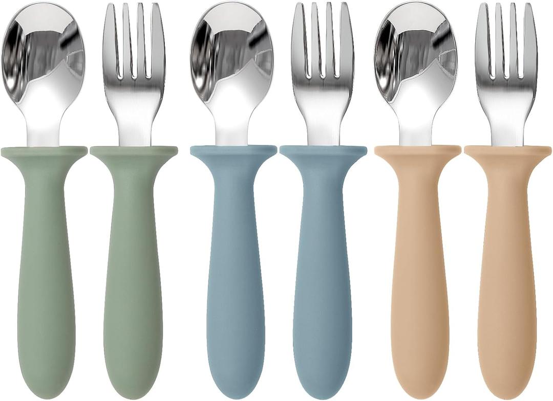 Toddler Utensils, 6 Pack kids Silverware Set with Silicone Handle, 18/8 Stainless Steel Children Safe Forks and Spoons, Dishwasher Safe (Blue)