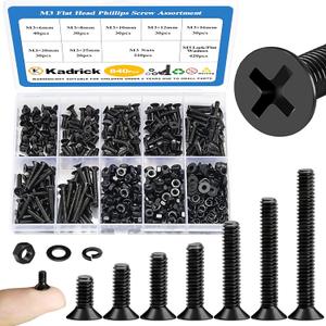 KADRICK 840Pcs M3 Countersunk Screws,M3 Flat Head Screws,Phillips Bolts Nuts Washers Assortment Kit,Zinc Plated,Lenth of 6MM-25MM