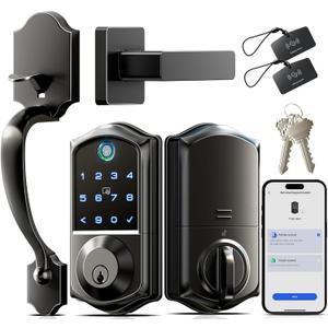 Veise VE017-H Fingerprint Smart Front Door Lock Set, App Control, Keyless Entry Deadbolt with Handle, Smart Deadbolt, Emergency Power Port, Touchscreen Keypad, Auto Lock, Easy Install, Matte Black