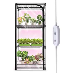 Indoor Greenhouse with Grow Light, 4-Tier Plant Stand with Zippered PVC Tent, Ventilation Window, Bottom Pouch, 20W Full Spectrum Plant Light with Timer for Seed Starting, 27"L x 19"W x 59"H