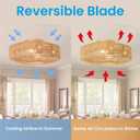 20" Woven Caged Low Profile Bladeless Ceiling Fan with Light and Remote, Farmhouse Flush Mount Boho Ceiling Fans Light, Enclosed Industrial Ceiling Fan 6 Speed Reversible w/ 4 E26 Bulb Base