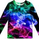 Boys Size 14 Shirts Teen, Little kid Neon Graphic Tees Fashion Colourful Clothes Smoke 3D Print T-Shirt Girls Long Sleeve Shirts 13-14 Kids Fall Home Wear Hip Hop Purple Tops