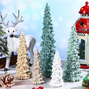 5 Pcs Sage Green Christmas Tree Figurines 11''/ 8.6''/ 7''/4.7'' Glittered Christmas Trees Resin Stone Xmas Holiday Figurines Xmas Desk Decor Centerpieces for Tabletop Decorations