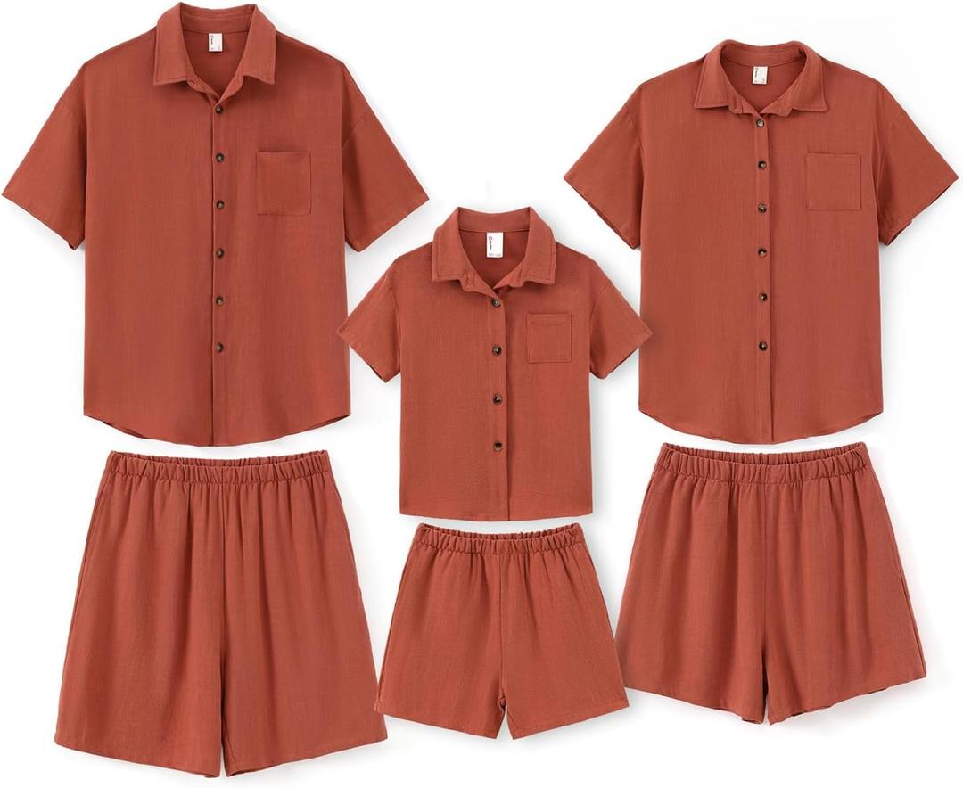 PATPAT Family Matching Linen Outfits, Breathable Short Sleeve Summer Linen Outfits for Men, Women, and Kids (X-Large, Brick Red)