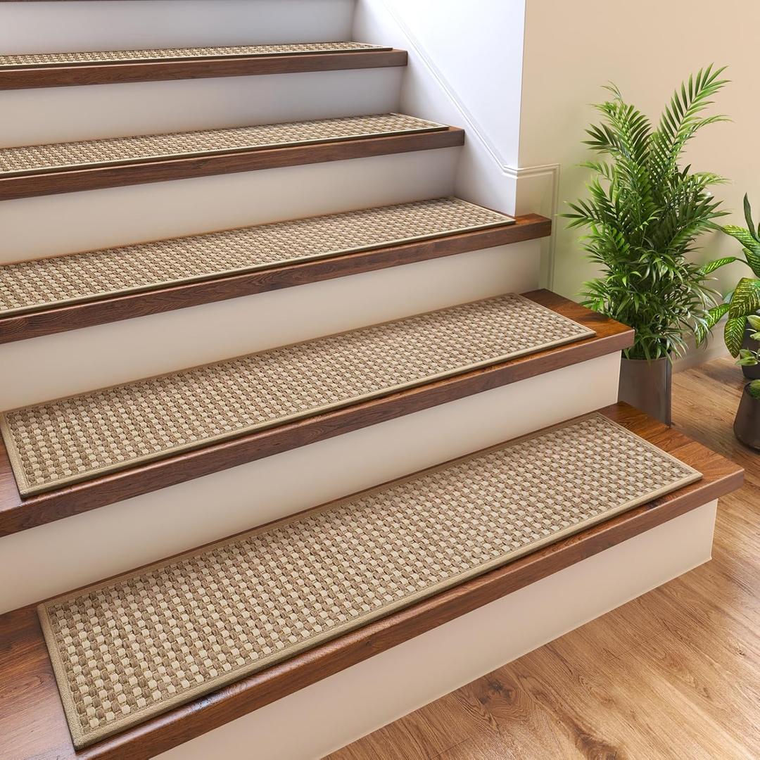 4PC Stair Treads Non-Slip Washable Peel and Stick Stair Treads for Wooden Steps Indoor Reusable Stair Carpet Treads Adhesive Stair-Runner Rugs for Kids and Dogs Elder8"x30" Brown