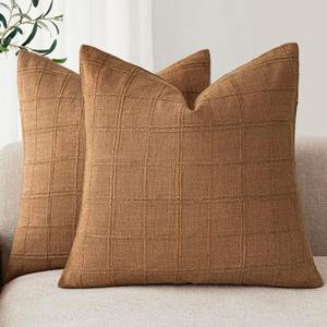 Foindtower Set of 2 Decorative Linen Check Throw Pillow Covers Neutral Farmhouse Vintage Cushion Covers Modern Boho Home Decor for Sofa Chair Couch Bedroom Living Room,22×22 Inch,Brick