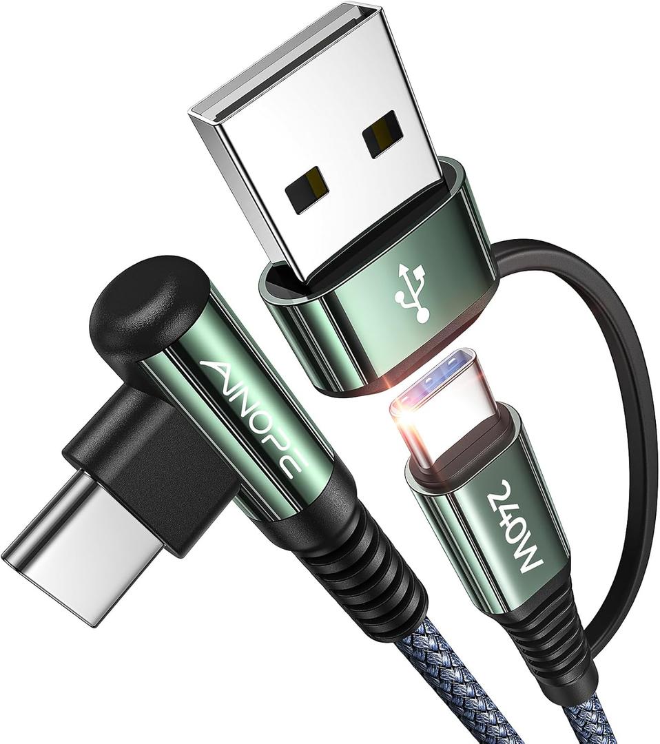 AINOPE 10 FT USB C Cable Fast Charging, 240W USB-C Charge Cable with Adapter, Fast Charger USB C Cable Supports 100W, Right Angle USB C Fit MacBook Pro/Air, iPad Pro/Air, iPhone 17/16/15, 10FT Grey