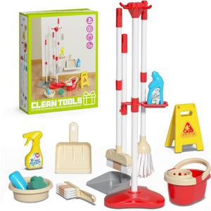 Kids Mini Cleaning Toy Set 13 Piece Toddler Cleaning Kit with Broom, Mop, Storage Rack, Cleaning Bucket, Wet Floor Sign & More, Housework Pretend Play Gift for Girl Boy