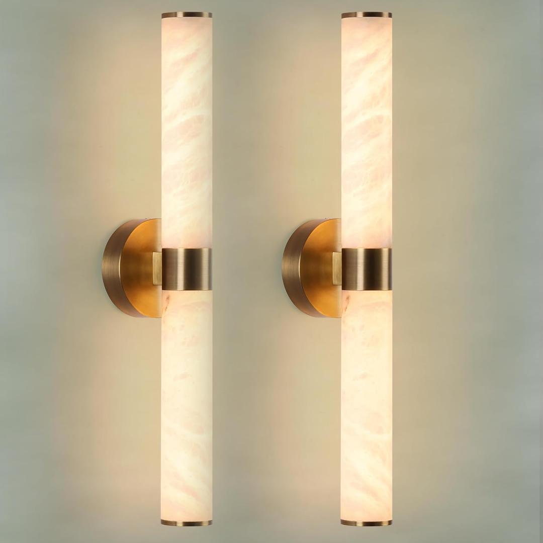 Alabaster Wall Sconce, Solid Brass Sconce with Natural Spanish Alabaster, 23.8 in Vanity Lights for Bathroom, LED Hardwired Wall Lamp for Living Room Bedroom Staircase Hallway, Set of 2