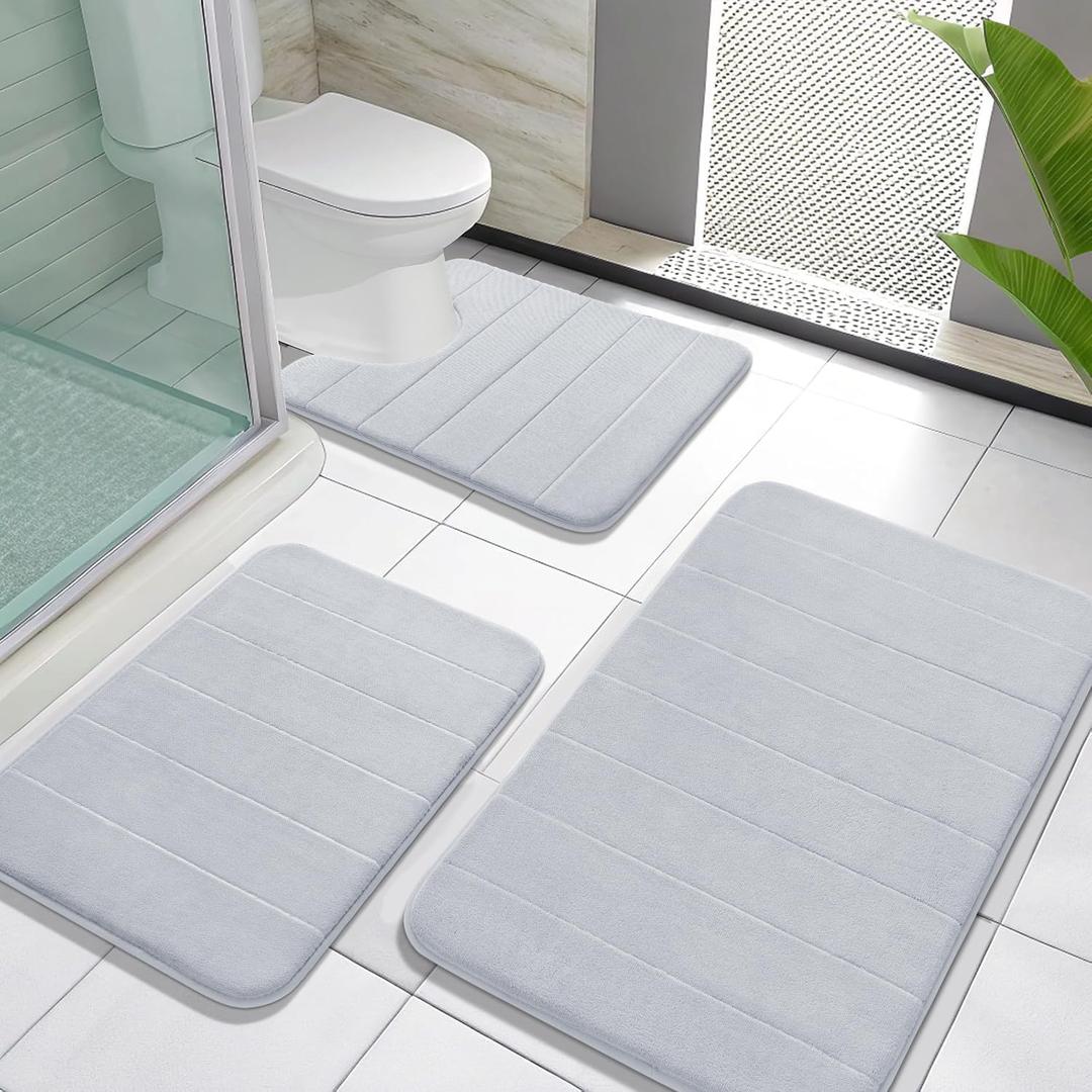 Yimobra Memory Foam Bath Mat Set 3 Pieces- Super Soft Absorbent Quick Dry Bathroom Rug Sets, Machine Washable Non Slip Floor Carpet for Tub Shower, Vanity & Toilet Base, Silver (31.5''x20'' +17''x24'' + 24''x20'')