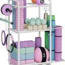 Weight Rack for Home Gym, All in One Yoga Mat Storage Rack, Workout Equipment Storage with Wheels and Hooks for Dumbbells Kettlebells Foam Rollers, Powder Coated (White)