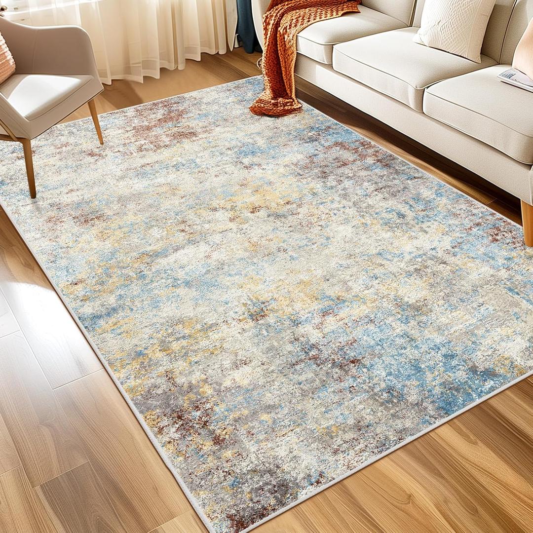 WITSHOCK 6x9 Area Rugs for Living Room : Machine Washable Non Slip - Low Pile Modern Abstract Carpet for Bedroom Kids Room Dining Room - Stain Resistant for Household - Pet Owners (Multicolor) (Cream White/Gray-blue/Light Brown-red)